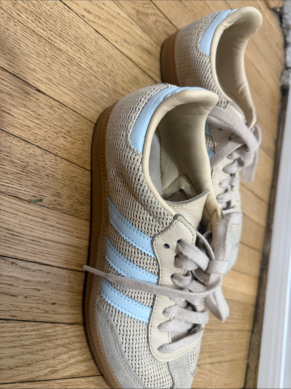 adidas Light Beige Sneakers with Pale Blue Stripes - Picture 3 of 9